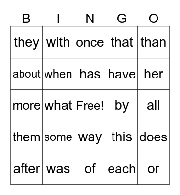 Sight Word Review (K-1) Bingo Card