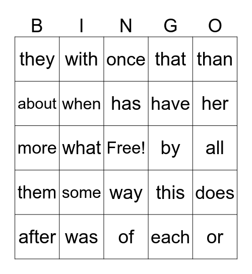 Sight Word Review (K-1) Bingo Card