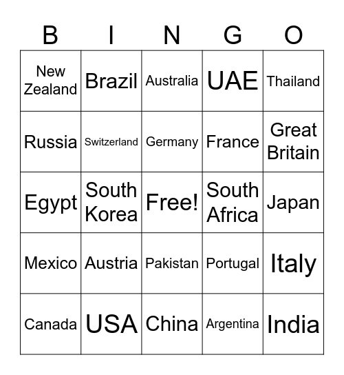 Countries Bingo Card