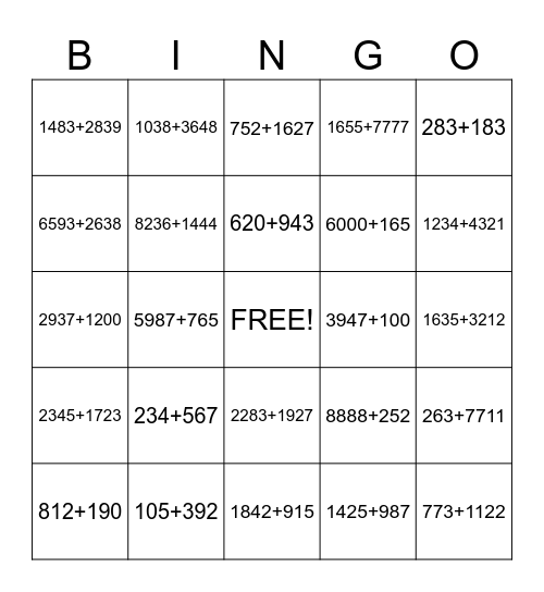 Addition Bingo Card