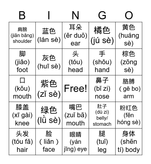 Body Parts Chinese Bingo Card