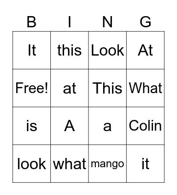 Word Bingo Card Bingo Card
