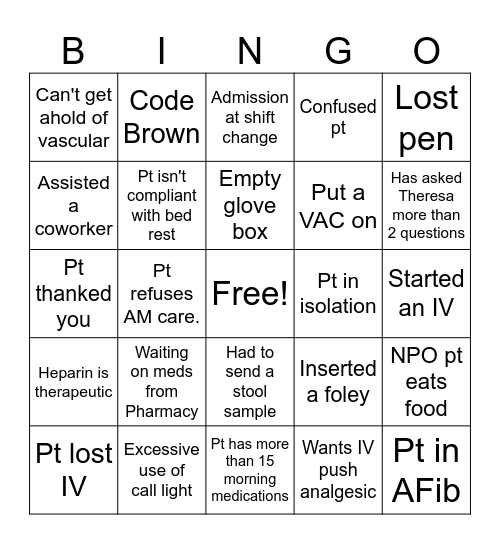 Nurse Bingo Card