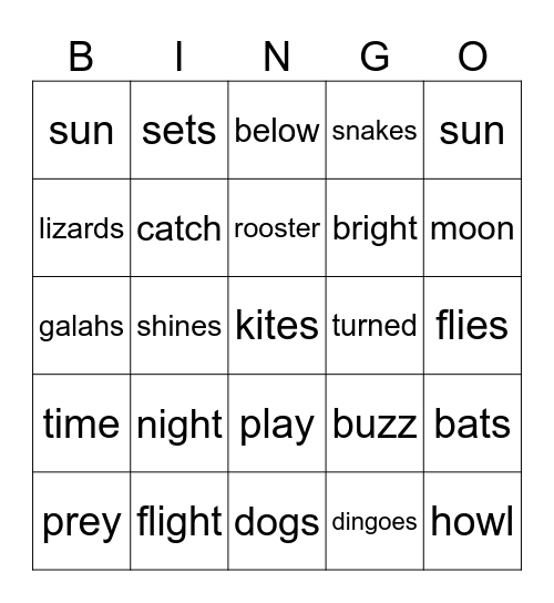 Day Time Night Time Bingo Card