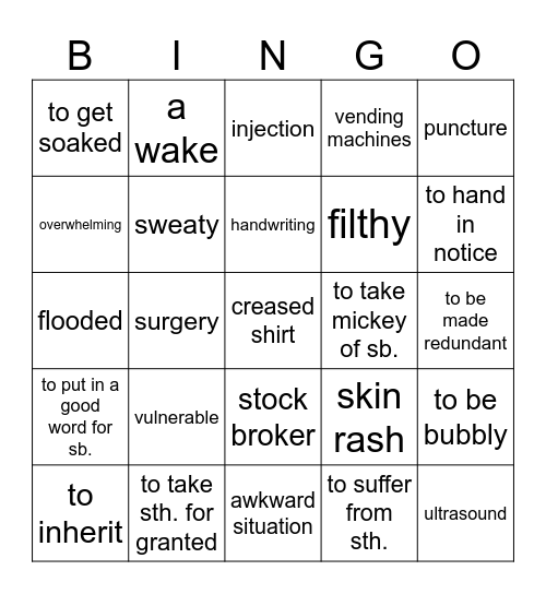 Vocabulary revision Bingo Card