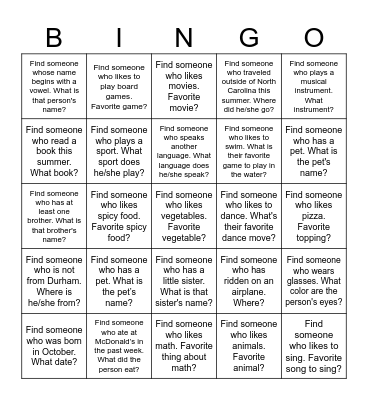 Getting to Know You Bingo! Bingo Card