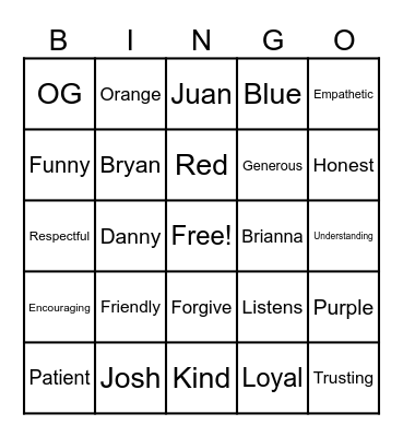 Friendship Bingo Card