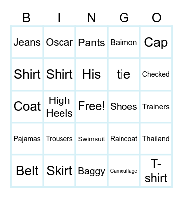 Clothes Bingo Card