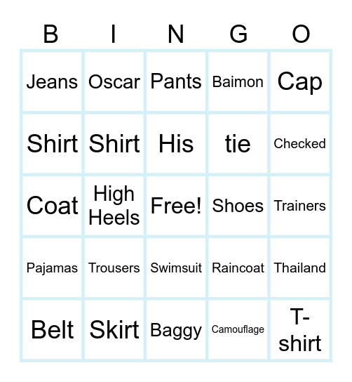 Clothes Bingo Card