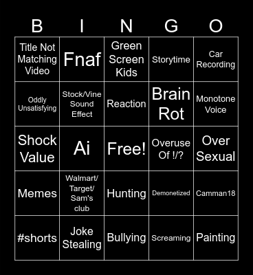 Youtube Shorts Bingo Card