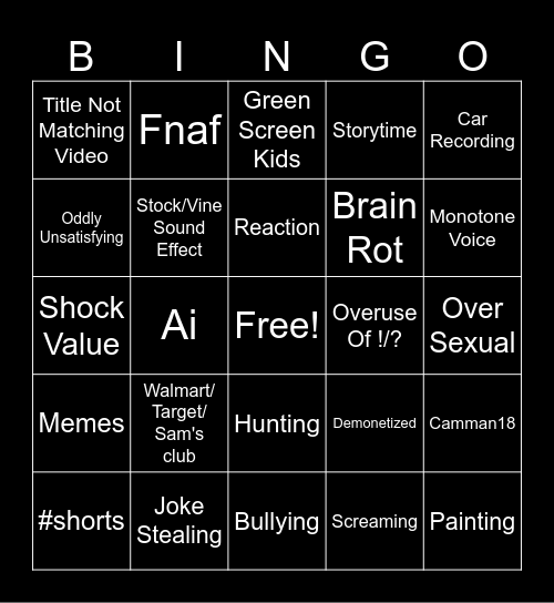 Youtube Shorts Bingo Card