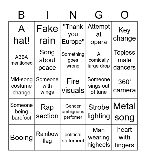 Eurovision 2024 Bingo Card