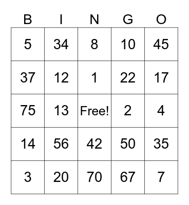 Number 1-75 Bingo Card