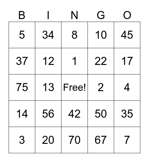 Number 1-75 Bingo Card