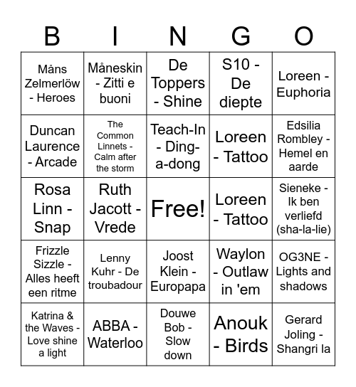 Songfestival Bingo Card