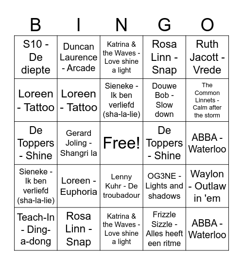 Songfestival Bingo Card