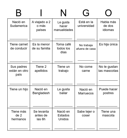 Bingo humano Bingo Card