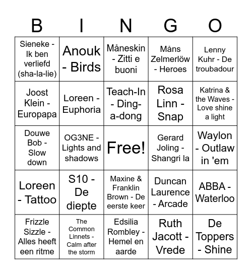 Songfestival Bingo Card