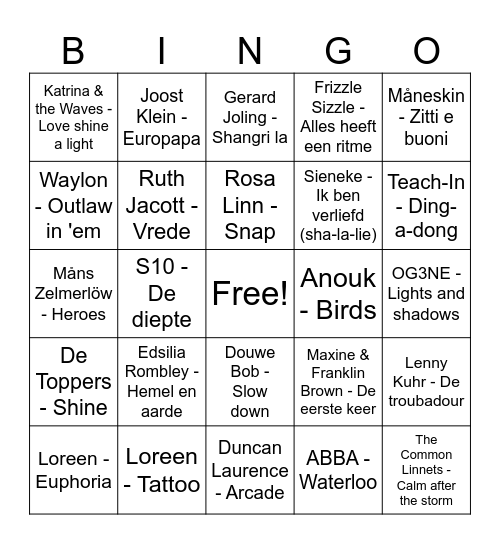 Songfestival Bingo Card