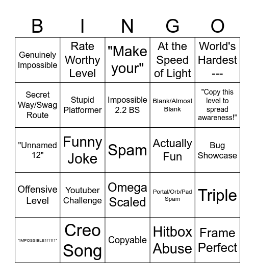 Geometry Dash Recent Tab Bingo Card