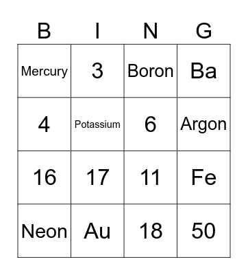 Periodic Table Bingo Card