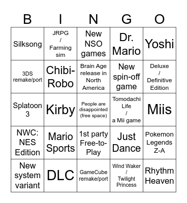June 2024 Nintendo Direct Bingo Card