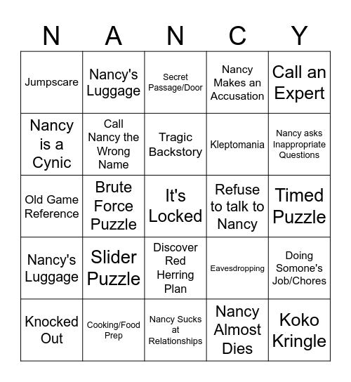 Nancy Drew: Mystery of the Seven Keys BINGO Card