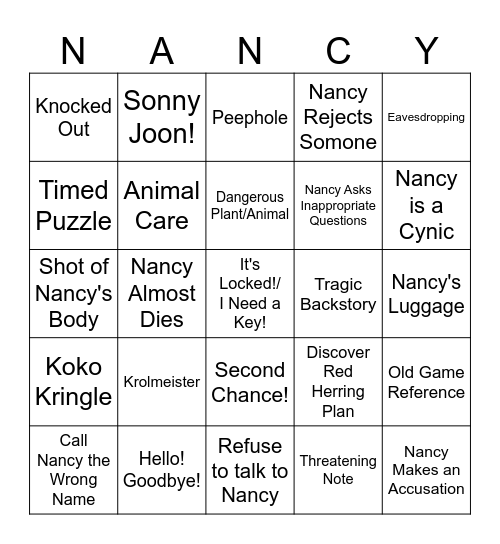 Nancy Drew: The Shattered Medallion Bingo Card