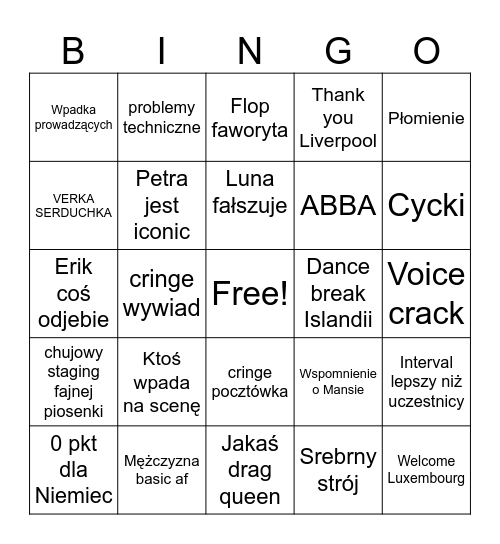 EUROWIZJA 2024 Bingo Card