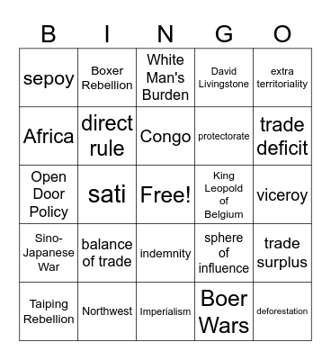 Imperialism Bingo Review Bingo Card
