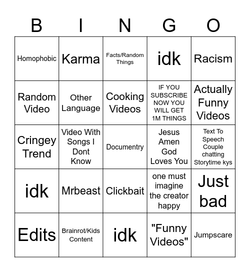 Video Bingo Card