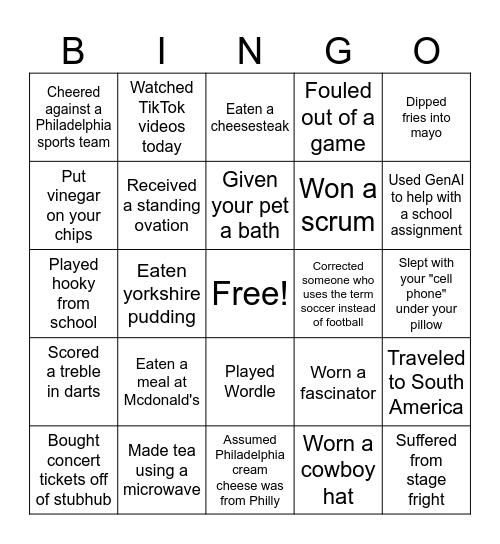 "Have You Ever", Getting to Know You Bingo Card