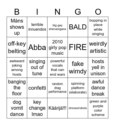 Eurovision drinking game Bingo Card