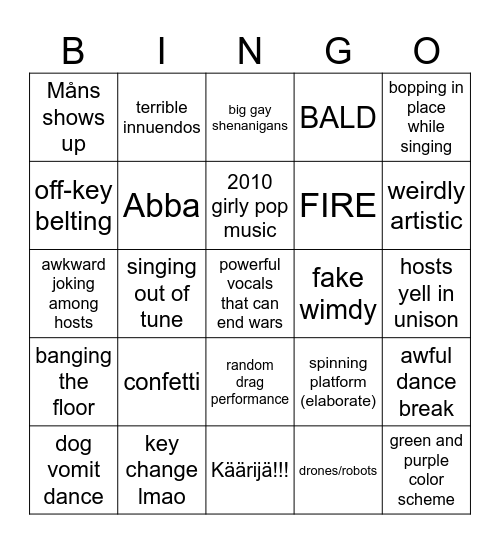 Eurovision drinking game Bingo Card