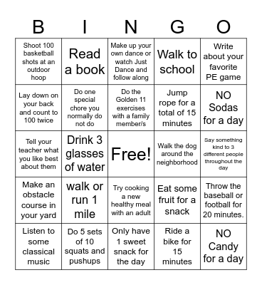 Addison Elementary Wellness Bingo Card
