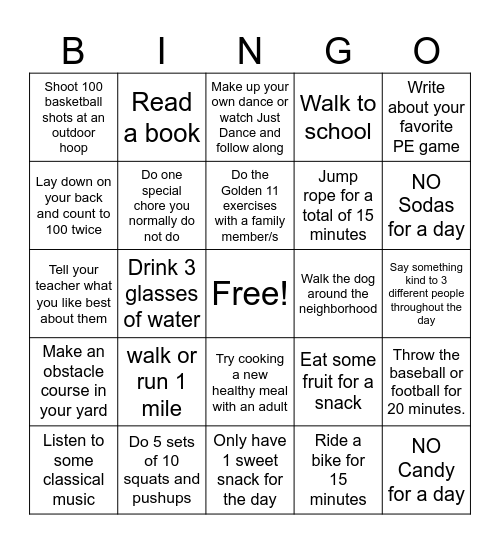 Addison Elementary Wellness Bingo Card