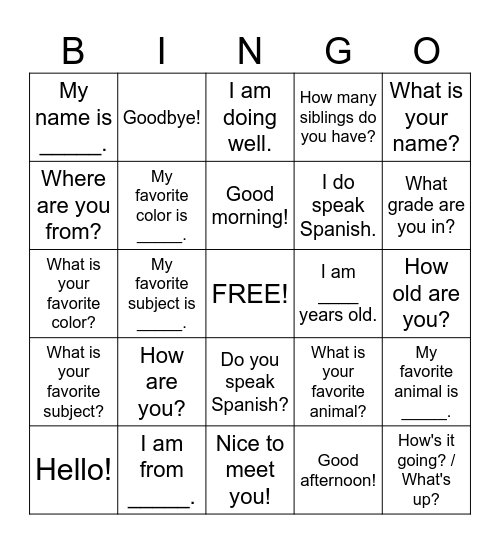 Conversational Spanish Bingo Card