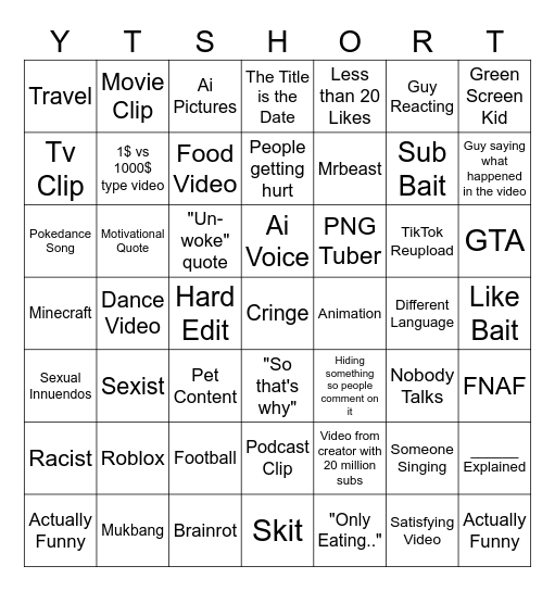 YT Short Bingo Card