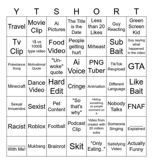 YT Short Bingo Card