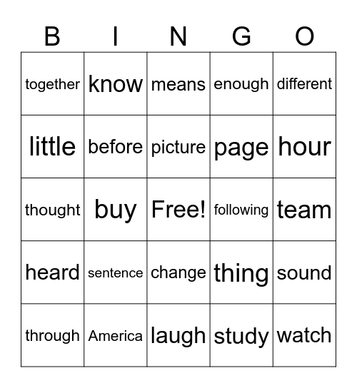 Fry Word Bingo Card