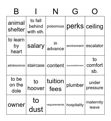 Vocabulary revision Bingo Card