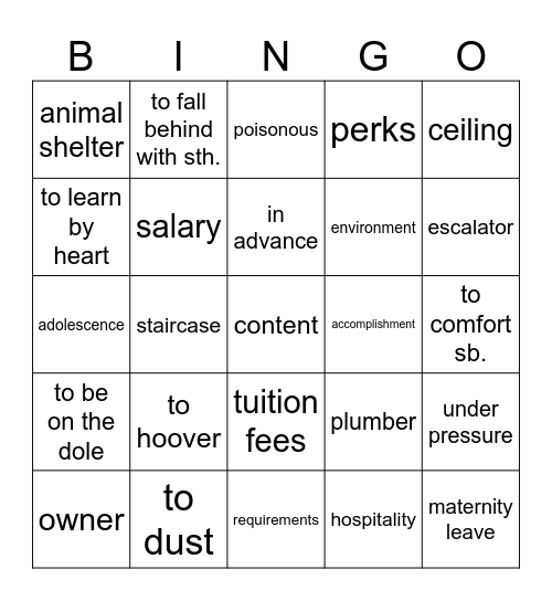 Vocabulary revision Bingo Card