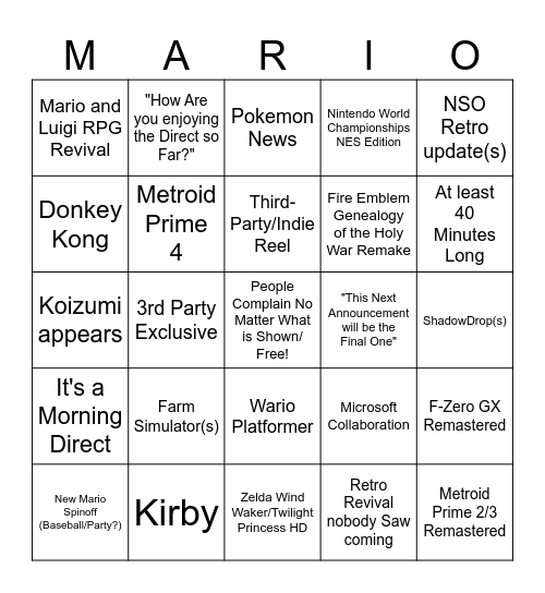 Nintendo Direct June 2024 Bingo Card