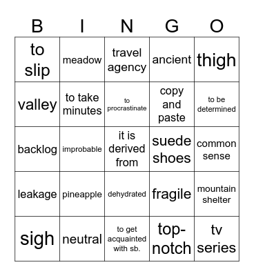 Vocabulary revision Bingo Card