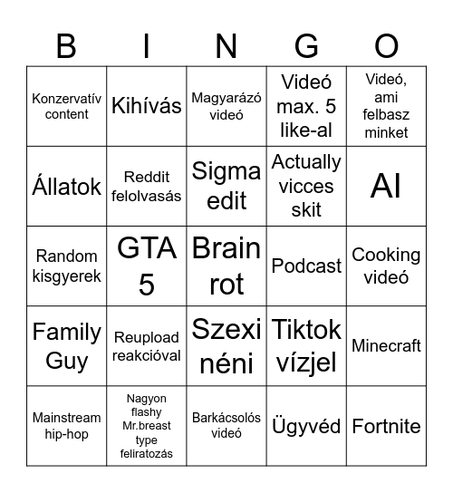 Youtube Shorts bingro Bingo Card