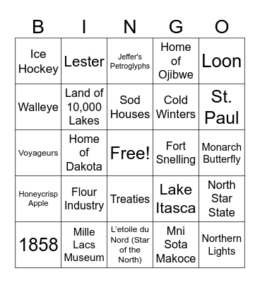 Minnesota History Bingo! Bingo Card