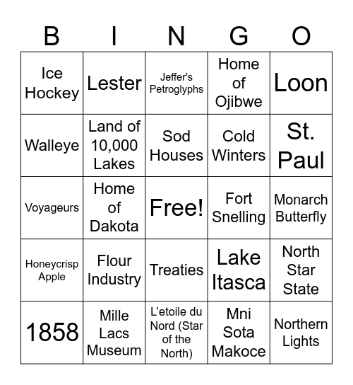 Minnesota History Bingo! Bingo Card