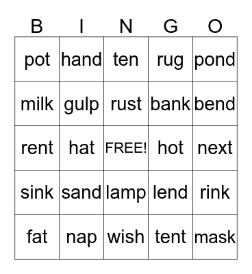 PHONICS Bingo Card