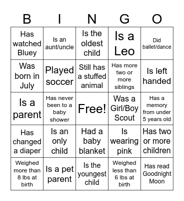 Find the Shower Guest! Bingo Card