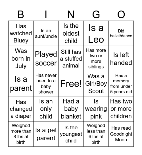 Find the Shower Guest! Bingo Card